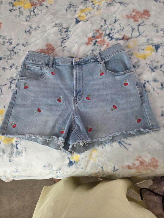 Pants - Light Blue Denim Shorts with Cherry Embroidery